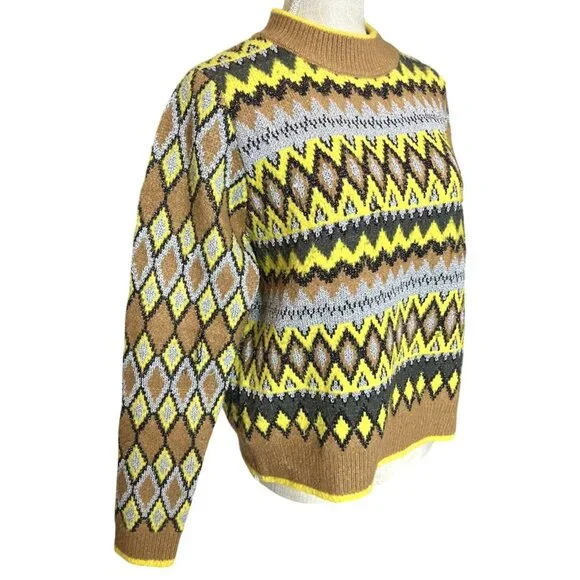 Zara Knit Geometric Diamond & Chevron Pattern Sweater Yellow/Brown L - Picture 3 of 5